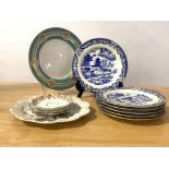 A Set of six Edwardian blue and white Pagoda pattern side plates, stamped G&Co (?) under, dated 1901