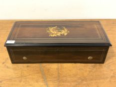 A Rosewood, marquetry, boxwood strung and ebonised Swiss cylinder music box, late 19th century,