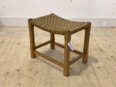 A 20th century stool, with concave woven string seat raised on square chamfered supports, H40cm,