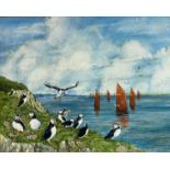 R A Williams, puffins nesting and feeding, oil on canvas, signed bottom right, pine frame (39cm x