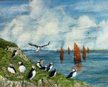 R A Williams, puffins nesting and feeding, oil on canvas, signed bottom right, pine frame (39cm x