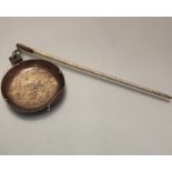 A 19thc Chinese bone mounted brass balance set of scales with single brass weight, the pan with