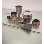 A 19thc pewter goblet, a brass and copper watering can, an orchid watering can with treen inset
