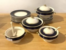 A Part Soho pottery ambassador ware dinner service with gilt borders and blue bands, to include; ten