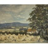 Richard Bailey (Scottish), rural landscape with cottage and stockies drying in the sun, oil on