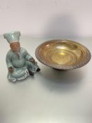 An Eastern brass and chased circular fruit dish, (h 8cm x d 27cm) and a Chinese celadon pottery