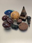 A group of agate items including three agate eggs, a circular ball (d 8cm) and a granite pyramid (