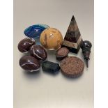 A group of agate items including three agate eggs, a circular ball (d 8cm) and a granite pyramid (