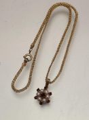 A 9ct gold garnet and seed pearl cluster pendant on yellow metal trace link chain, (pendant