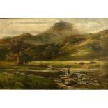 C W Potter, a figure crossing a stream in Highland landscape, oil on canvas, signed bottom left