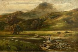 C W Potter, a figure crossing a stream in Highland landscape, oil on canvas, signed bottom left