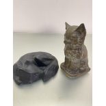 A cast brass model of a seated kitten and a cast iron model of a fox, (kitten h 20cm fox h 6cm x