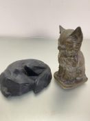 A cast brass model of a seated kitten and a cast iron model of a fox, (kitten h 20cm fox h 6cm x