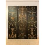 A decorative triple wall panel, of Chinese design, painted with floral sprays, figures, animal and