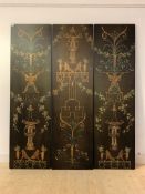 A decorative triple wall panel, of Chinese design, painted with floral sprays, figures, animal and