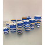 A collection of T G Green Cornishware including nine various graduated storage jars, the larger
