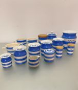 A collection of T G Green Cornishware including nine various graduated storage jars, the larger