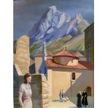 Nigel McIsaac, church and mountain Cotor, oil on panel, signed bottom right and inscribed verso,