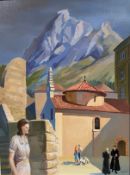 Nigel McIsaac, church and mountain Cotor, oil on panel, signed bottom right and inscribed verso,