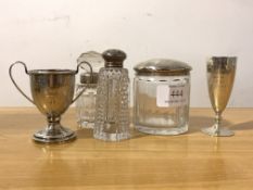 Two hallmarked sterling silver presentation trophies, together with two silver mounted toilet