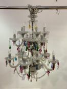 A Large Venetian style poly-chromatic glass multi arm chandelier, with ceiling rose, chain, glass