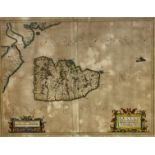 Timotheo Pont, (Scottish circa 1560-1627), Arania, a map of Arran highlighted in colour, in pine