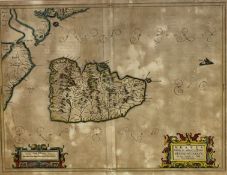 Timotheo Pont, (Scottish circa 1560-1627), Arania, a map of Arran highlighted in colour, in pine