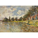 After Alfred Sisley, possibly The Seine at Marly, oil on canvas, unsigned, gilt composition