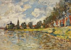 After Alfred Sisley, possibly The Seine at Marly, oil on canvas, unsigned, gilt composition