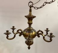 A Large Dutch style brass chandelier, the central column of gadrooned baluster form issuing six