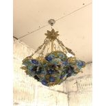 A mid 20th century floral cast gilt metal and glass pendant four branch light fitting, W53cm