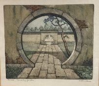 Hans Luthmann, (1888-1945), Chinese monastery garden, drypoint highlighted with colour, signed in