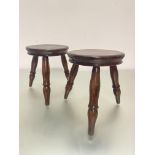 A pair of Edwardian stained mahogany circular top miniature stools raised on turned splayed