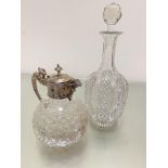 A crystal hobnail cut panel decanter, (h32cm) and a crystal hobnail cut Epns mask claret jug with