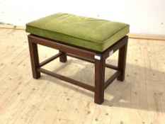 A walnut framed stool with upholstered seat, raised on square section supports, H47cm, W68cm, D41cm