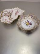 A Limoges French porcelain shell shaped scalloped nut dish with scroll handle with transfer