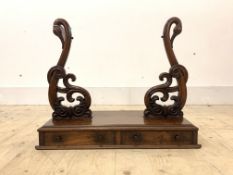 A 19th century mahogany swing mirror base, the two uprights well carved in the form of swans heads