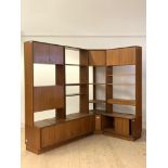 G-Plan, A mid century teak modular corner wall unit, the top sections with cupboards, drawers,