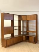 G-Plan, A mid century teak modular corner wall unit, the top sections with cupboards, drawers,