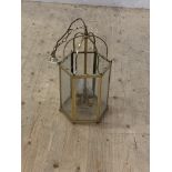 A late 20th century brass and glass hexagonal pendent light fitting, H49cm