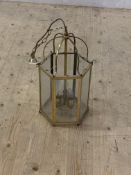 A late 20th century brass and glass hexagonal pendent light fitting, H49cm