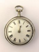 A George III silver pair cased pocket watch, white enamel dial with Roman chapter ring, verge
