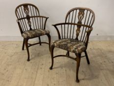 A Pair of stained beech Windsor style chairs, circa 1980, the double hoop, spindle and splat back