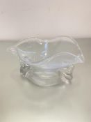 An art glass free form two handled fruit dish with sweeping rim and bubble design, (h 17cm x 31cm