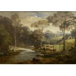 Scottish School, Figure fishing by a river in autumn, oil on canvas, unsigned in gilt composition