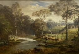 Scottish School, Figure fishing by a river in autumn, oil on canvas, unsigned in gilt composition