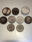 An American 1889 one dollar silver coin, Weimar Republic, 5 Reichsmark 1928 coin, 1929 coin, 1902