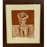 Louis Carlos, lino cut of bathing figure, 1/27, signed and dated '76, in oak glazed frame, (20cm x