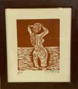 Louis Carlos, lino cut of bathing figure, 1/27, signed and dated '76, in oak glazed frame, (20cm x