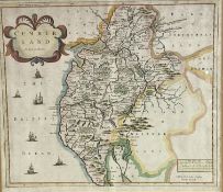 A 17/18thc map of Cumberland by Robert Morden, highlighted with colour, (38cm x 43cm excluding mount